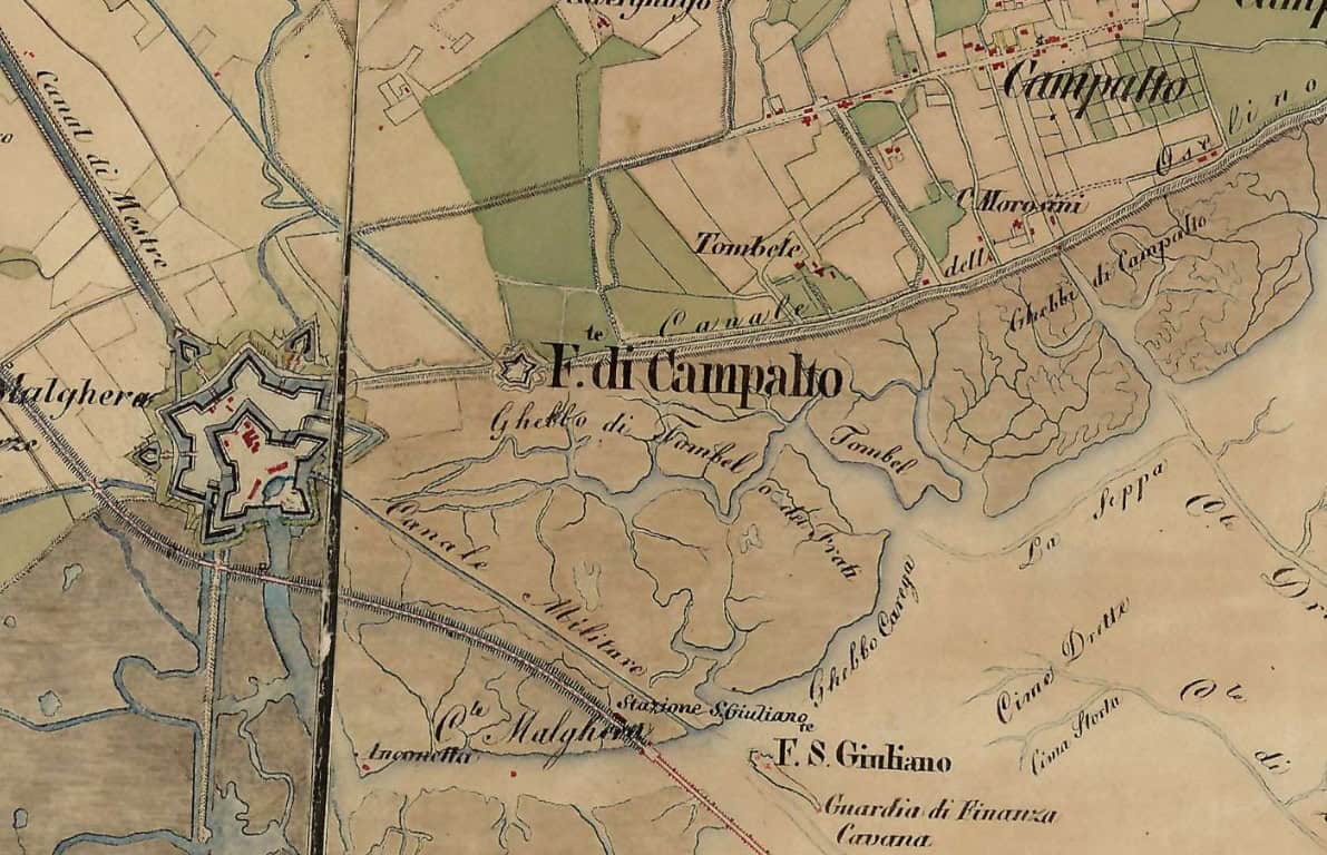 Cartografia del 1869 dell'area su cui sorse Forte Marghera e Forte Campalto