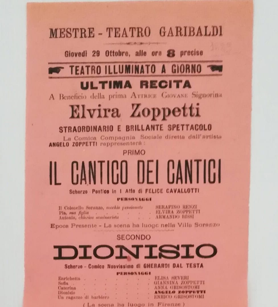Locandina del 1889 di uno spettacolo presso il Teatro Garibaldi (Proprietà Alessandro Bon)