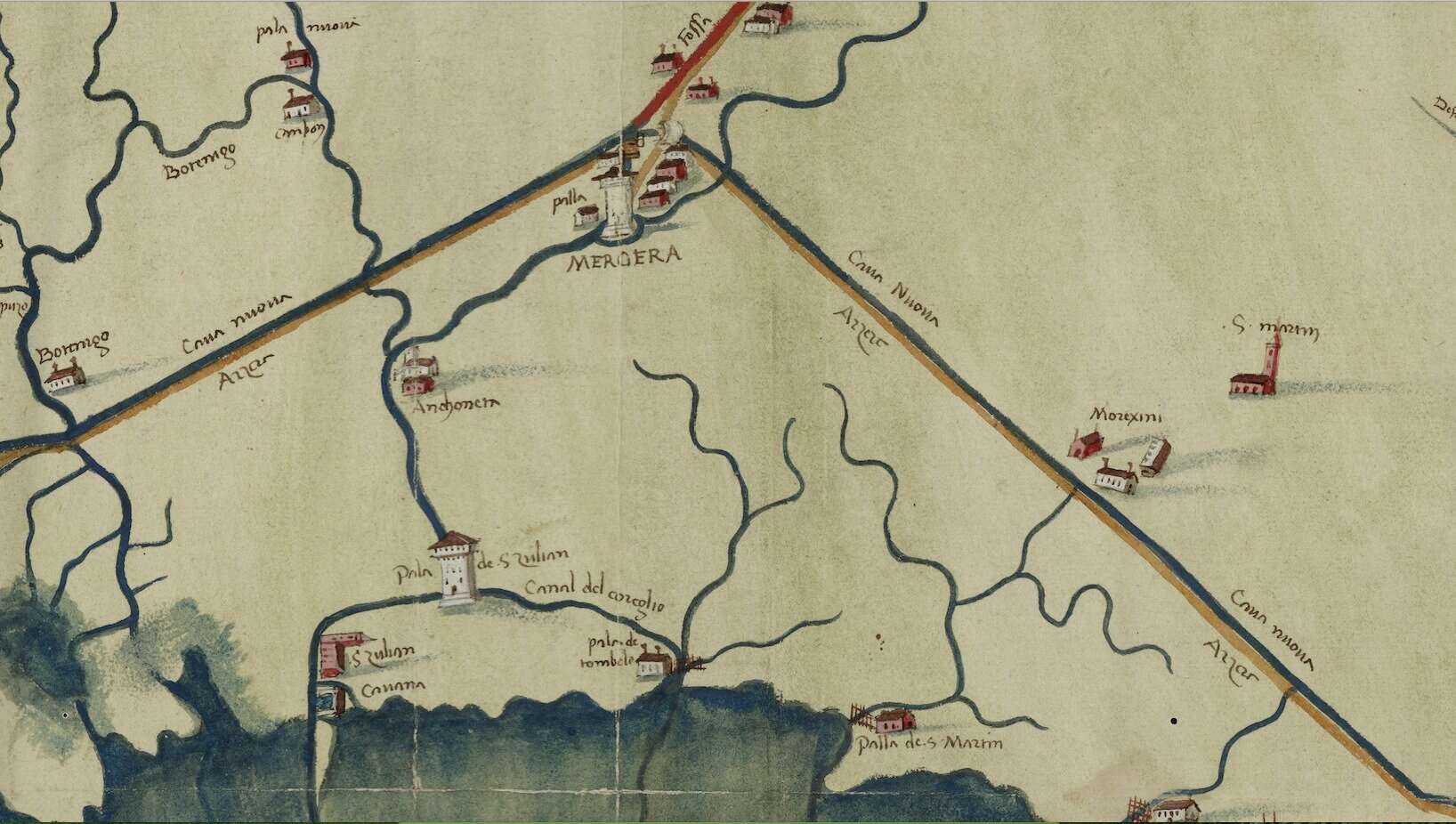 Cartografia del 1520 circa, Borgo di Marghera con la torre e l'isola di San Zulian e San Giuliano