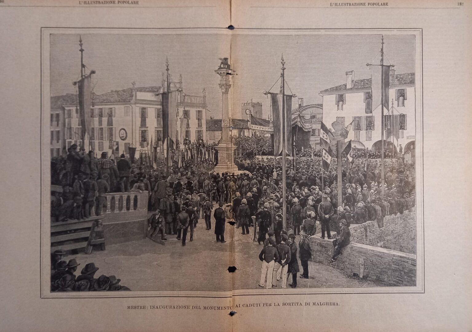 La Colonna della Sortita collocata in Piazza Barche il 4 aprile 1866