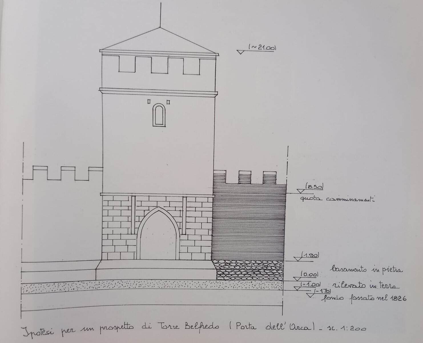 Ipotesi del prospetto di Torre Belfredo (Sbrogiò - Centro Studi di Mestre)