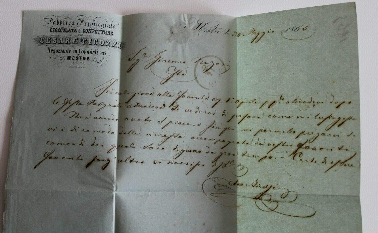 Lettera autografata di Cesare Ticozzi (collezione Ugo Ticozzi)