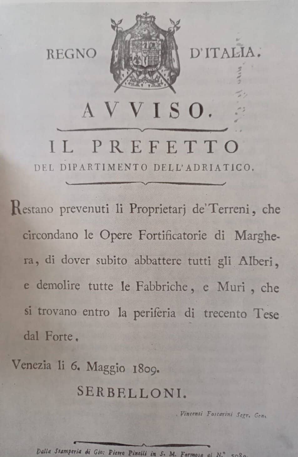 Un avviso del Prefetto che impone l'abbattimento di ogni edificio e albero vicini al Forte (1809)