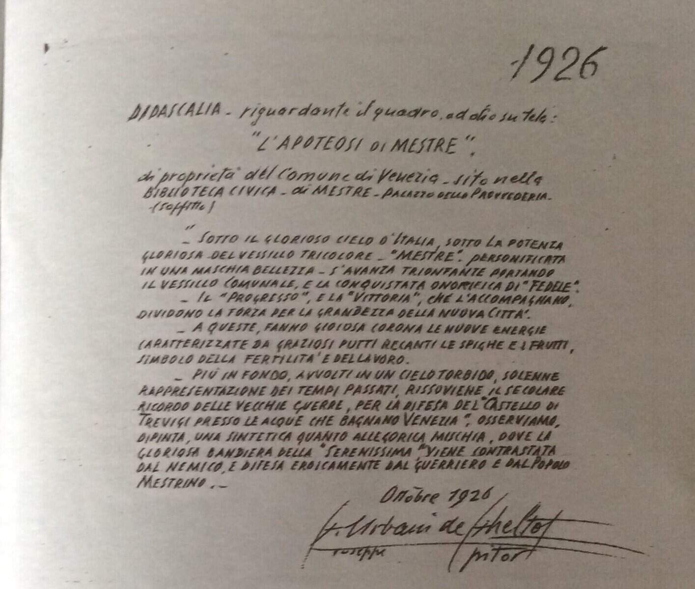 Descrizione Autografa del Quadro Apoteosi di Mestre