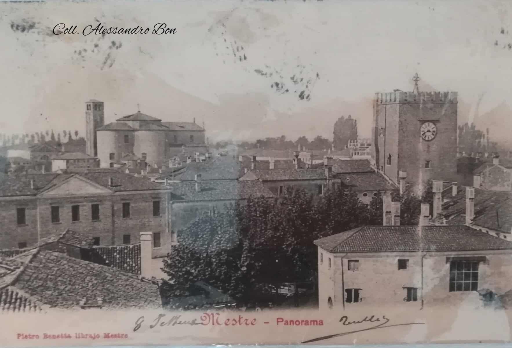 Panorama di Mestre con villa Giustinian, la scuola De Amicis e la Torre, cartolina del 1902