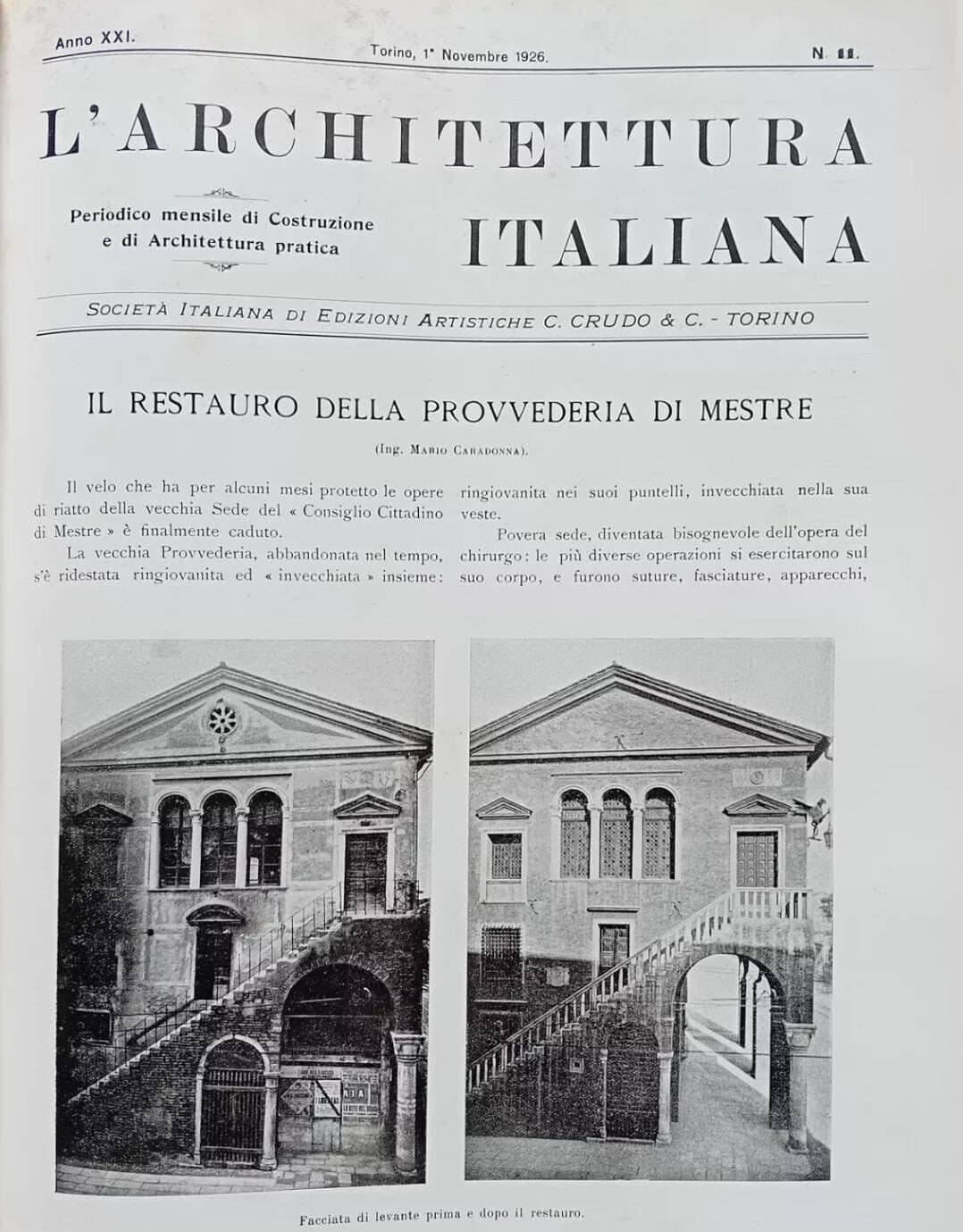 Articolo della rivista L'architettura italiana del 1926 dedicato al restauro della Provvederia di Mestre