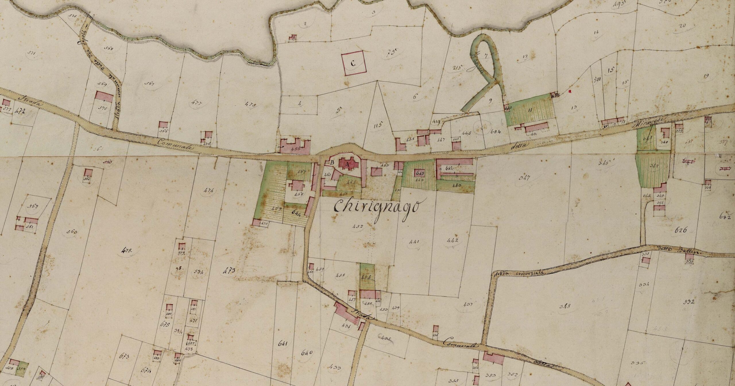 Mappa del Comune Censuario di Chirignago, la villa Fabris Favaro con le adiacenze adibite alla lavorazione di piume d'oca e piumini (dal 1796) (448)