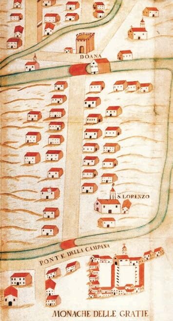 Mappa dell'area riportata nella copertina del libro Il borgo delle muneghe a Mestre. Storia di un sito per la città