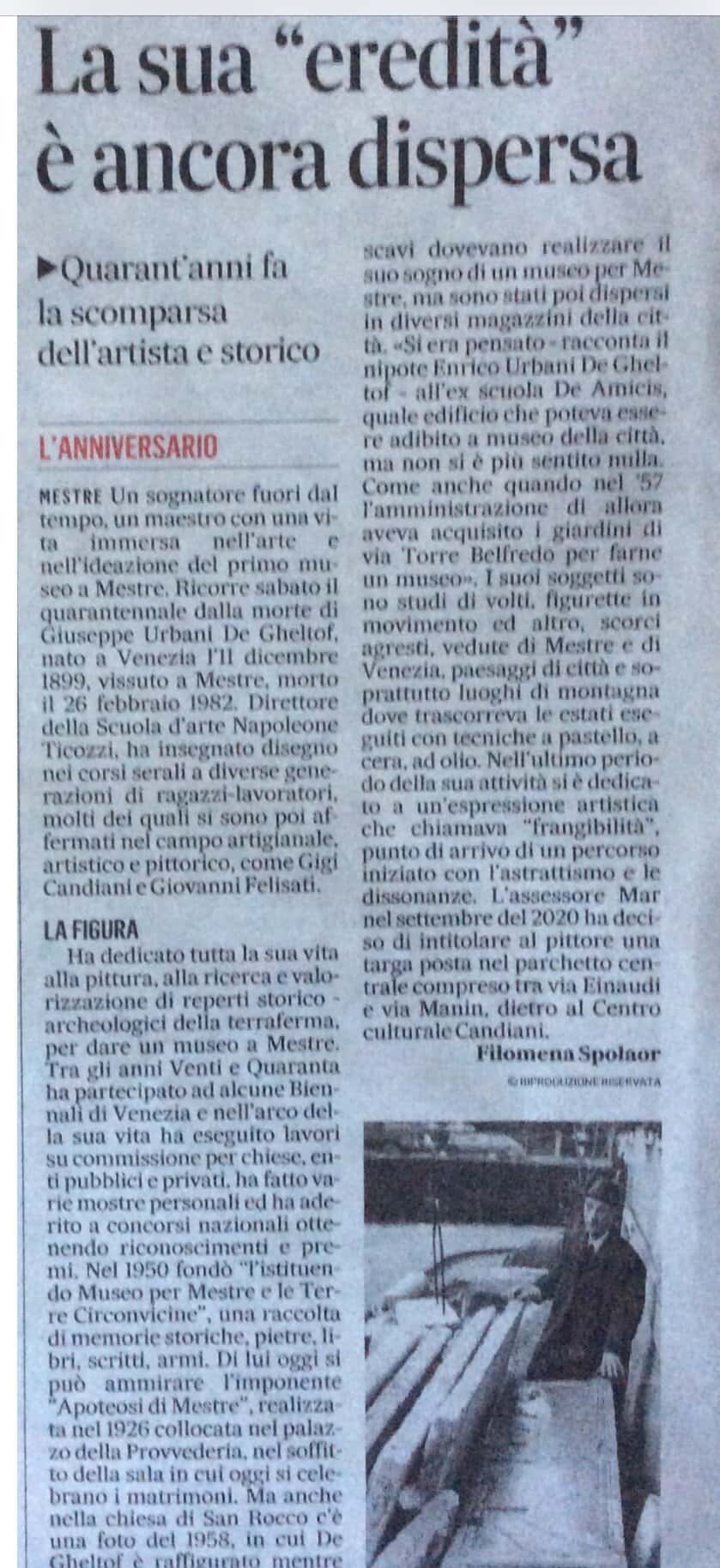 A Giuseppe Urbani de Gheltof è stato intitolato un parco nel centro di Mestre