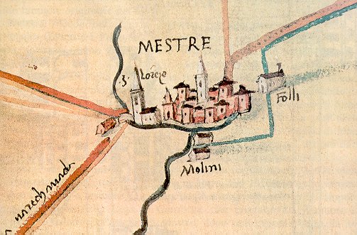 Mappa antica di Mestre con i molini lungo il Marzenego