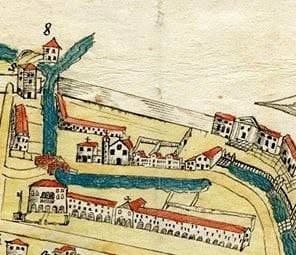 Particolare con la Scuola di San Nicolò e la Chiesa di San Girolamo nella Mappa di Mestre del 1727, Collezione Fulvio Busetto