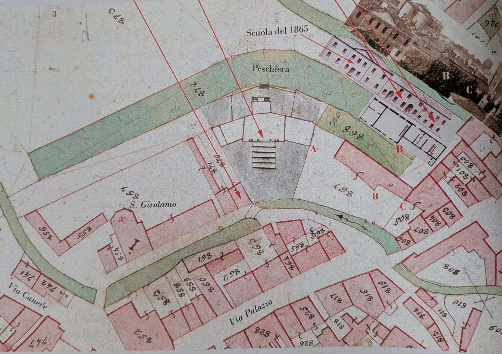 Tavola di sovrapposizione della pianta della villa Tirabosco del 1778 alla planimetria attuale con la localizzazione della Torre delle Zigogne
