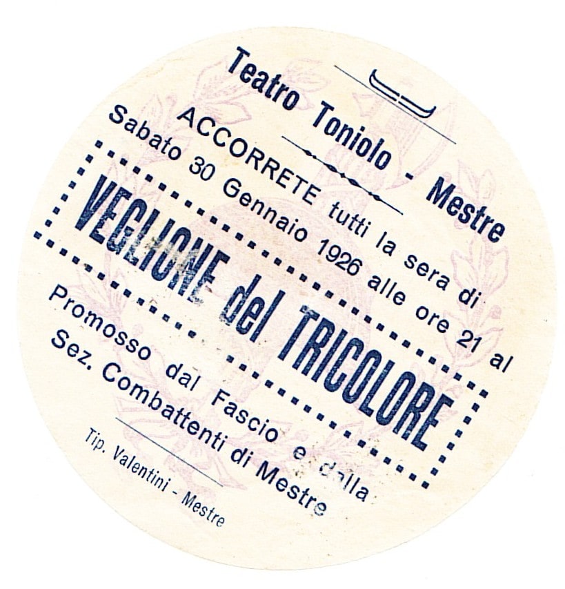 Biglietto di invito al Veglione del Tricolore al Teatro Toniolo di Mestre, 30 gennaio 1926