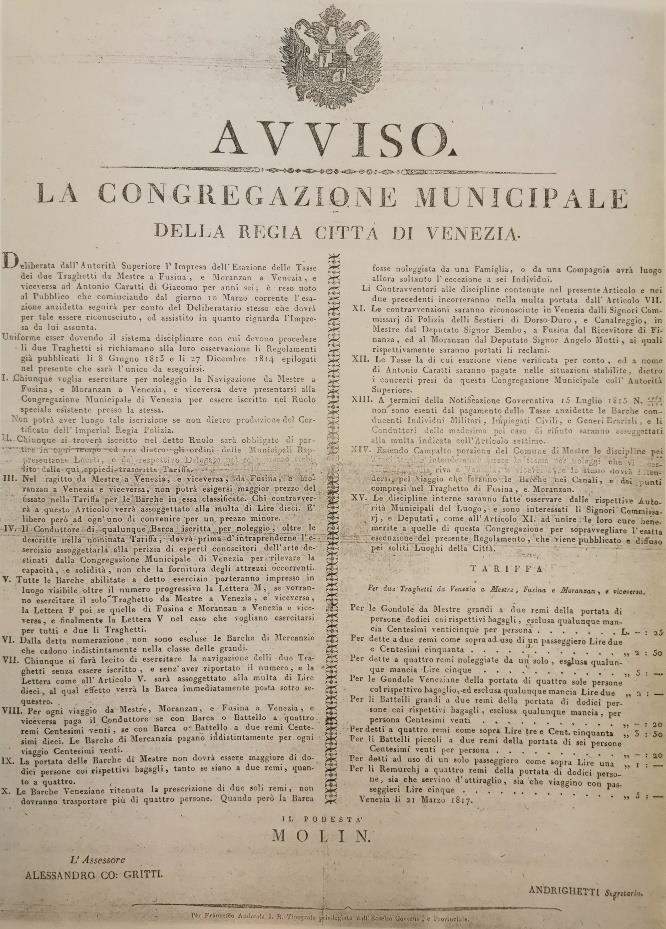 Avvertenze e tariffe per i traghetti Venezia-Mestre e Fusina-Moranzan, Congregazione Municipale di Venezia, 21 marzo 1817, Archivio Municipale di Venezia (riproduzione da tesi di G. Novello, Università Ca' Foscari)