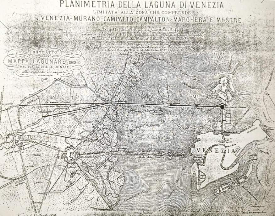 G. A. Baffo, planimetria della laguna con il tracciato del ponte per Murano e Campalto, 10 ottobre 1879, Archivio storico comunale di Venezia (riproduzione da tesi di G. Novello, Università Ca' Foscari)