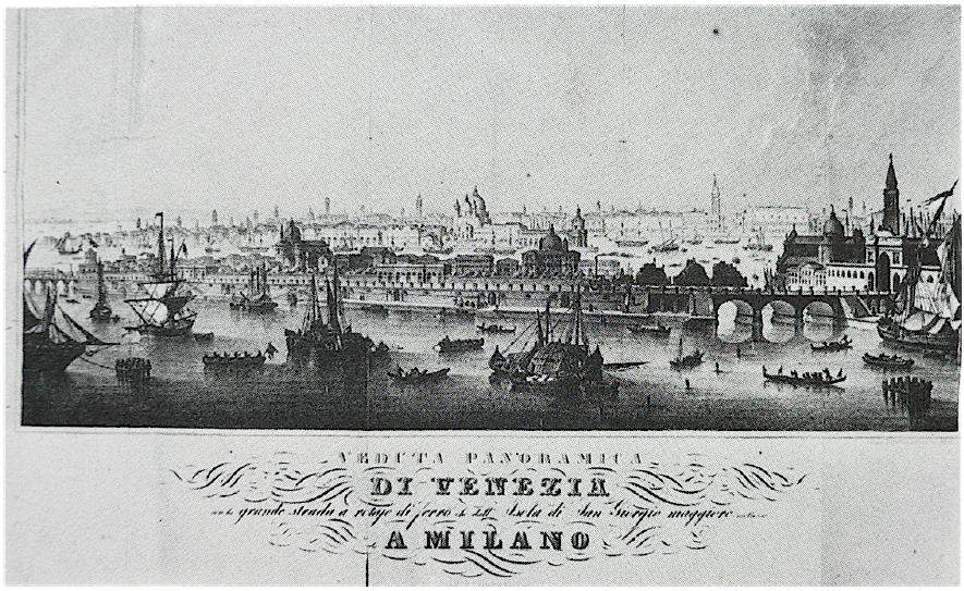 Gaspare Biondetti Crovato, «Veduta panoramica di Venezia con la grande strada a rotaje di ferro che dall'isola di San Giorgio Maggiore mettesse a Milano», 1830 circa, Museo Correr (riproduzione da tesi di G. Novello, Università Ca' Foscari)