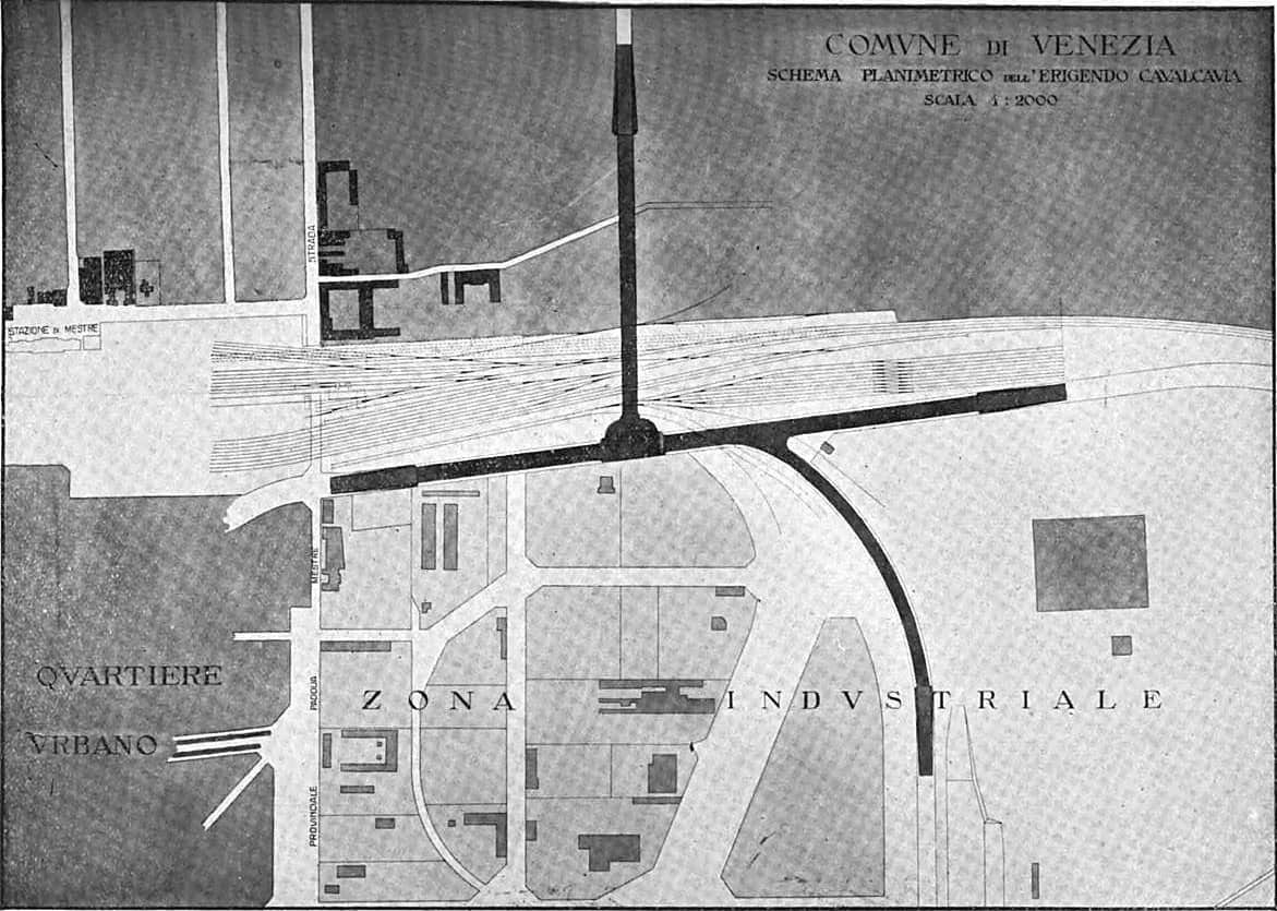 Schema planimetrico del cavalcavia fra stazione di Mestre, quartiere urbano e zona industriale