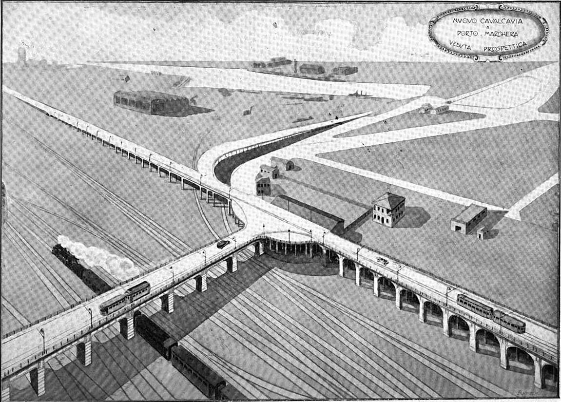 Veduta prospettica del cavalcavia di Porto Marghera, progetto del 1926