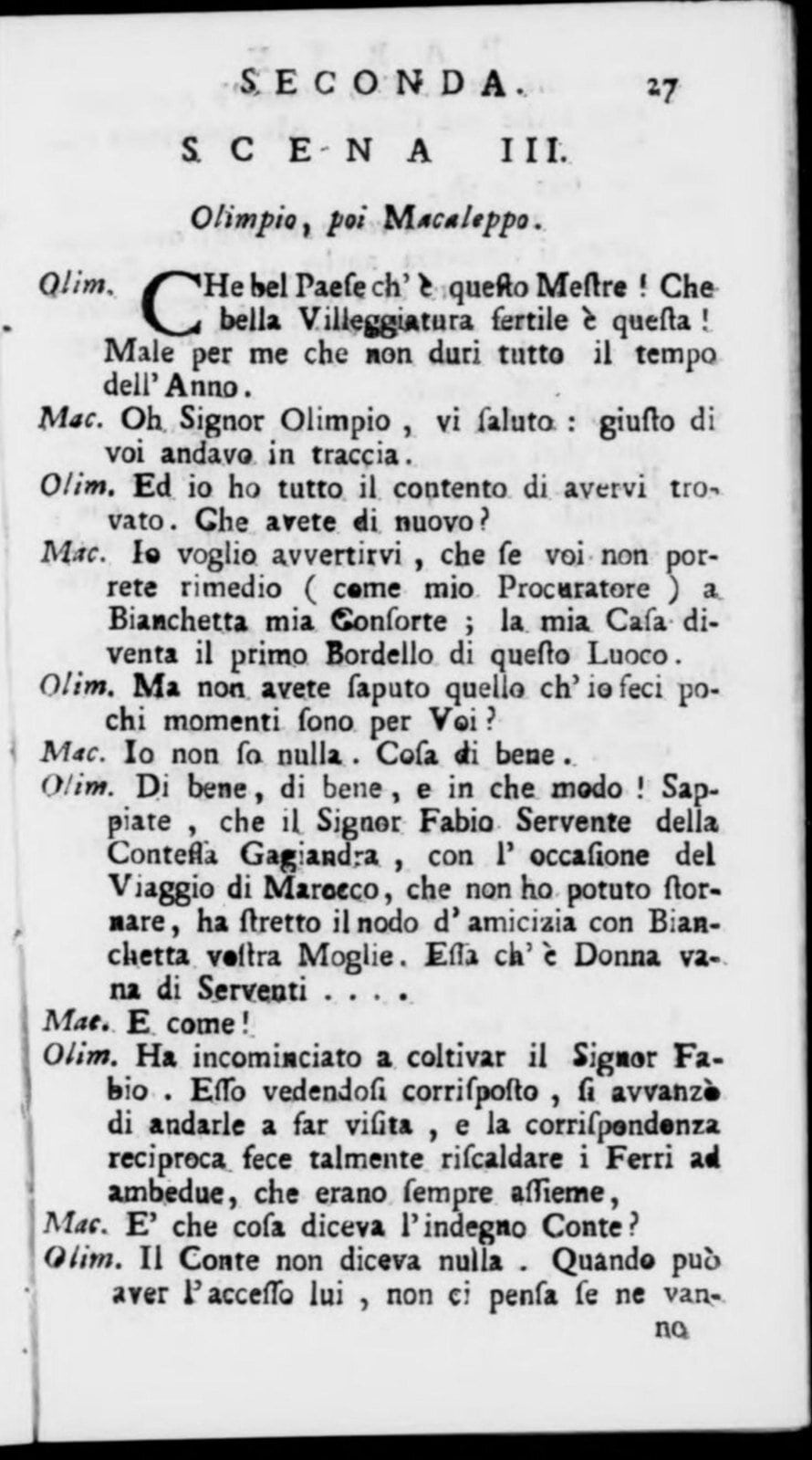 Pagina del libretto con la battuta Che bel Paese ch'è questo Mestre