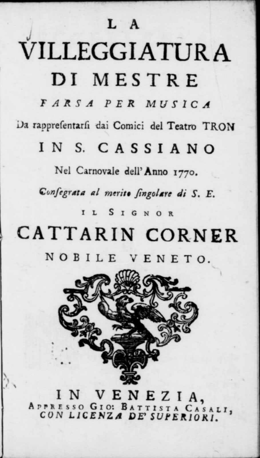 Frontespizio del libretto La villeggiatura di Mestre, farsa per musica, Venezia 1770