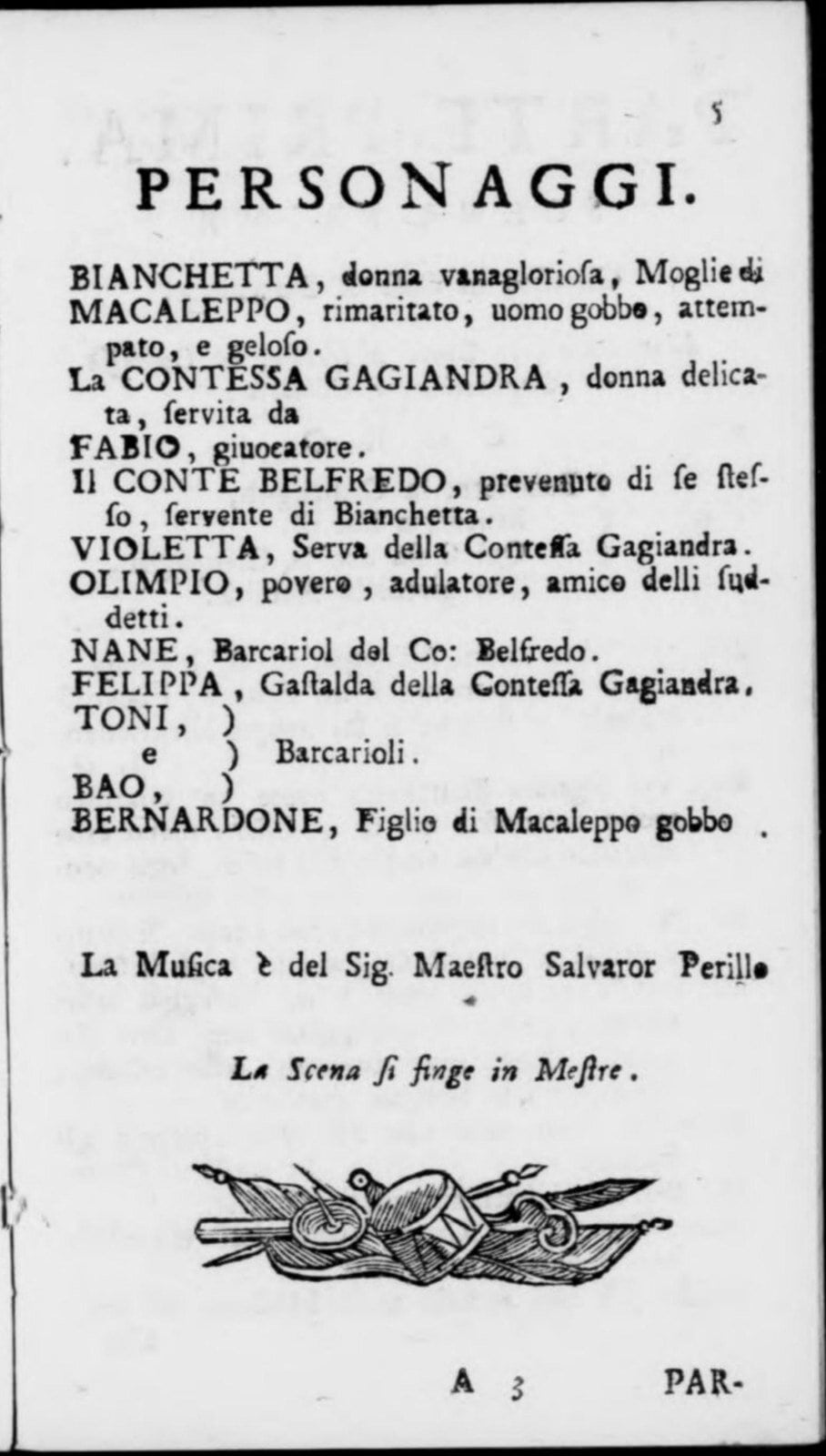 Pagina dei personaggi del libretto La villeggiatura di Mestre, 1770