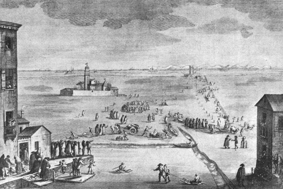 La laguna ghiacciata nel 1788, incisione da un dipinto di Francesco Battagioli