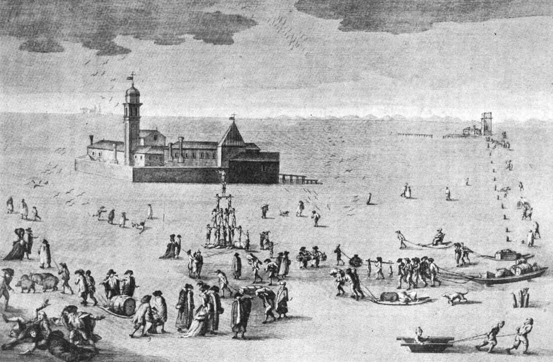 Incisione: persone, slitte e barche sulla laguna ghiacciata davanti a un'isola con chiesa e campanile