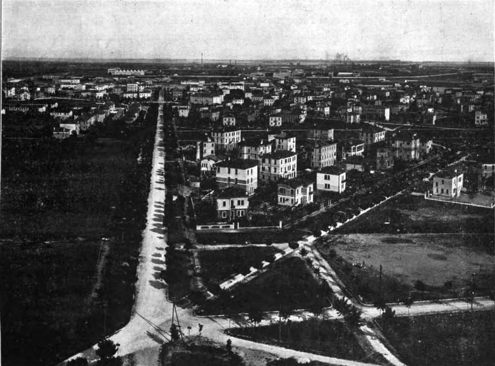 Veduta dall'alto di un viale alberato del quartiere urbano di Porto Marghera