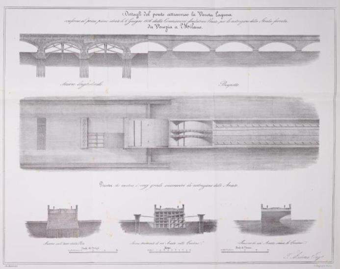 Tommaso Meduna, «Dettagli del ponte attraverso la Veneta Laguna», 1837, Biblioteca Nazionale Marciana (riproduzione da tesi di G. Novello, Università Ca' Foscari)