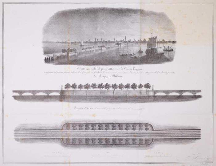 Tommaso Meduna, veduta, prospetto e pianta della piazza alberata a metà ponte, 1837, Biblioteca Nazionale Marciana (riproduzione da tesi di G. Novello, Università Ca' Foscari)