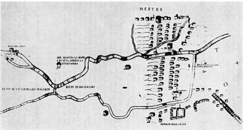 Pianta di Mestre del 1682 con il Marzenego, il Beseto scolador, il monastero delle Grazie e le case del borgo