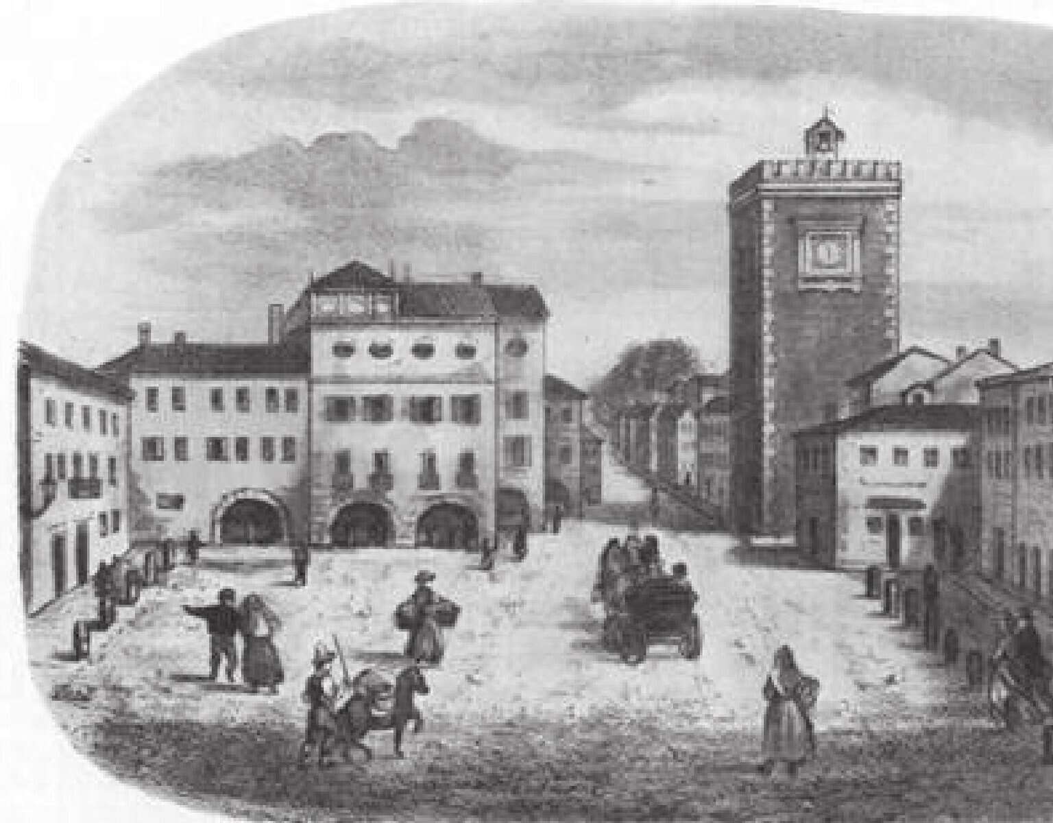 La piazza di Mestre con la Torre dell’orologio e le case porticate in una litografia dell’Ottocento