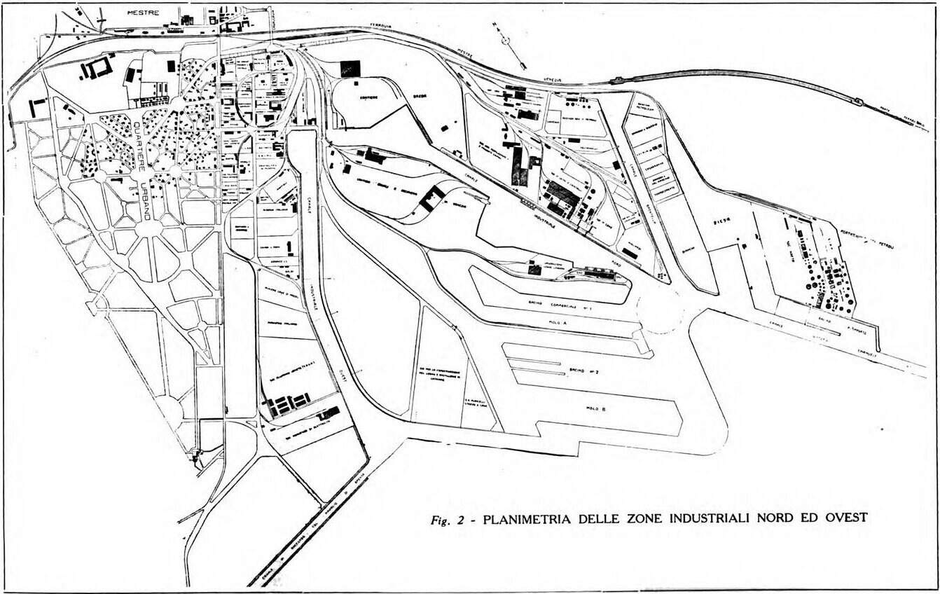 Planimetria delle zone industriali nord e ovest con la stazione di Mestre e il quartiere urbano, 1928