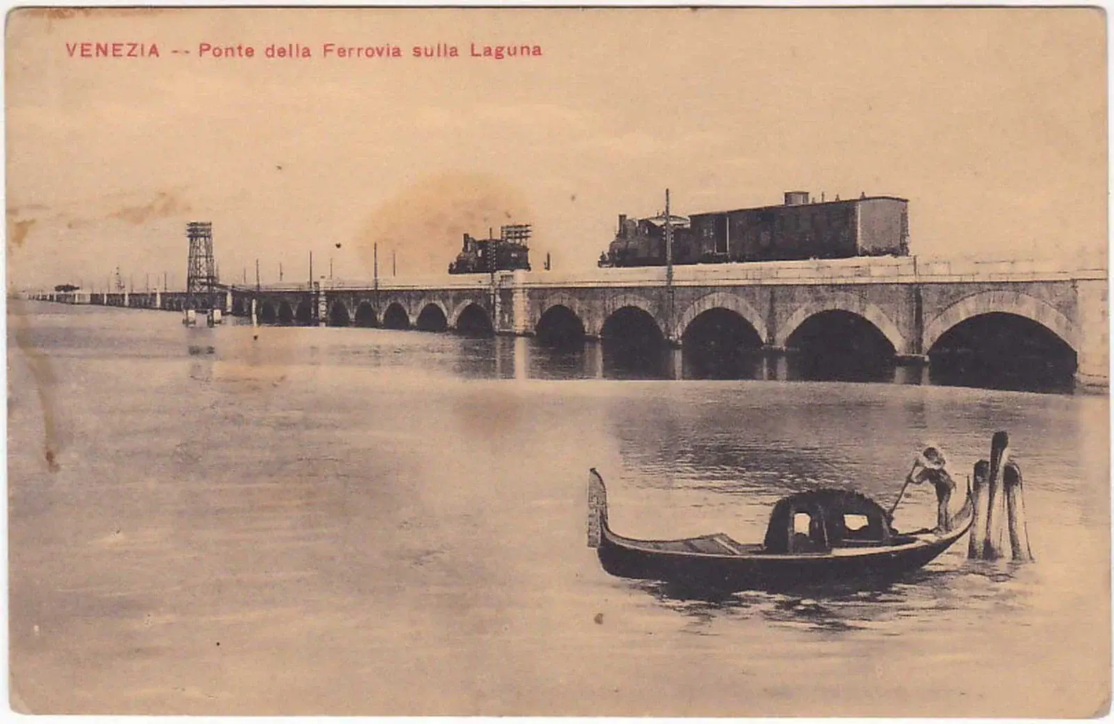 Venezia, Ponte della Ferrovia sulla Laguna, cartolina dei primi del Novecento