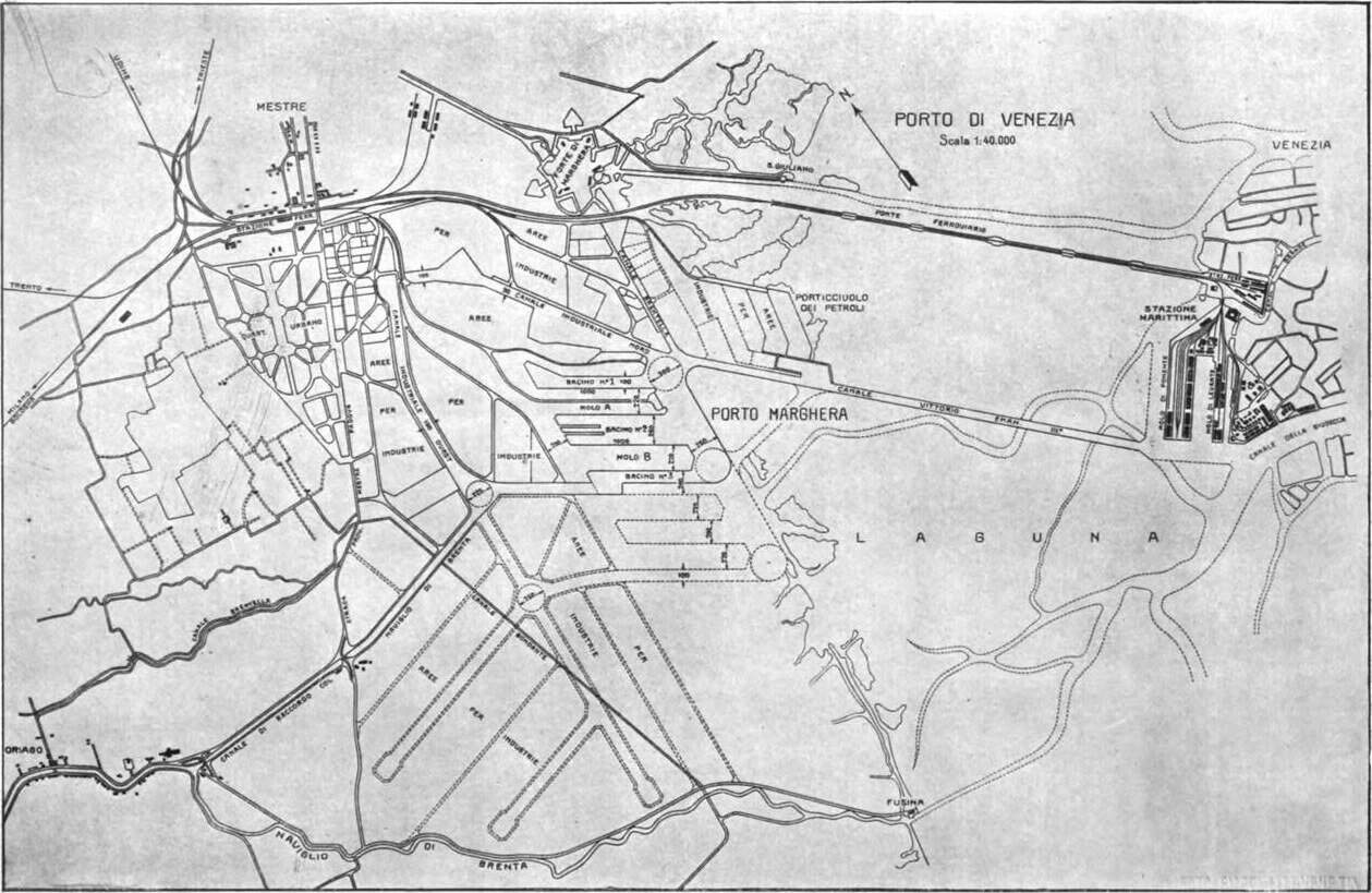 Planimetria del porto di Venezia con Mestre, il quartiere urbano, le zone industriali e la laguna, 1928