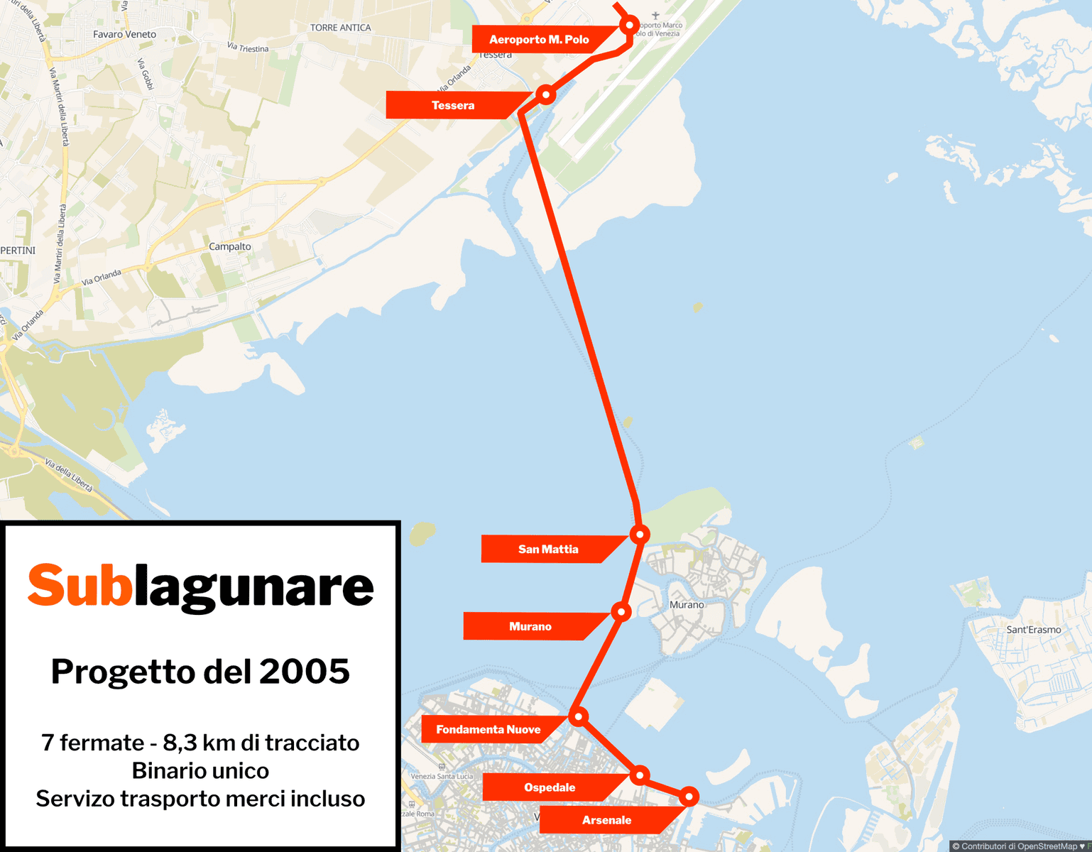 Mappa del progetto del 2005 per la metropolitana sublagunare da Tessera all'Arsenale