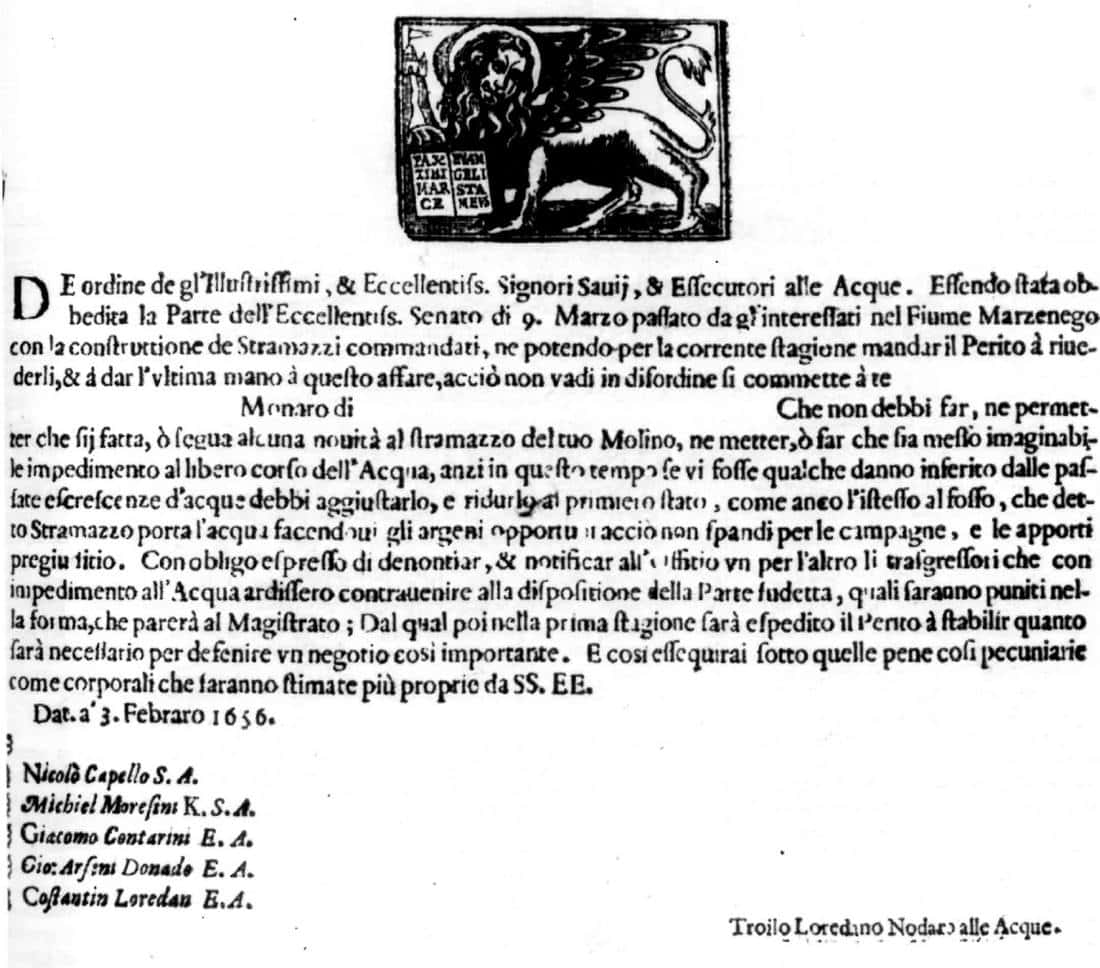 Ordine dei Savi ed Esecutori alle Acque agli interessati nel fiume Marzenego, 3 febbraio 1656