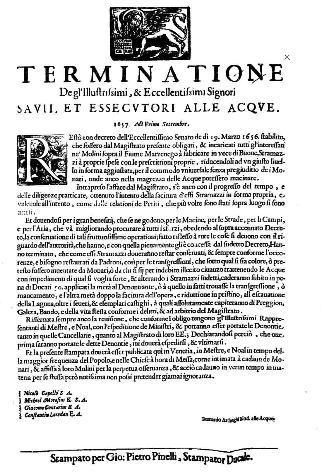 Terminazione dei Savi ed Esecutori alle Acque, 1657, A.S.V., Stampe Acque