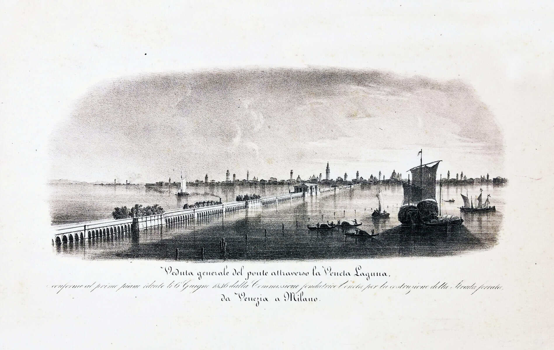 Giovanni Pividor, «Veduta generale del ponte attraverso la Veneta Laguna», dal progetto di Tommaso Meduna, 1836 (Wikimedia Commons, pubblico dominio)